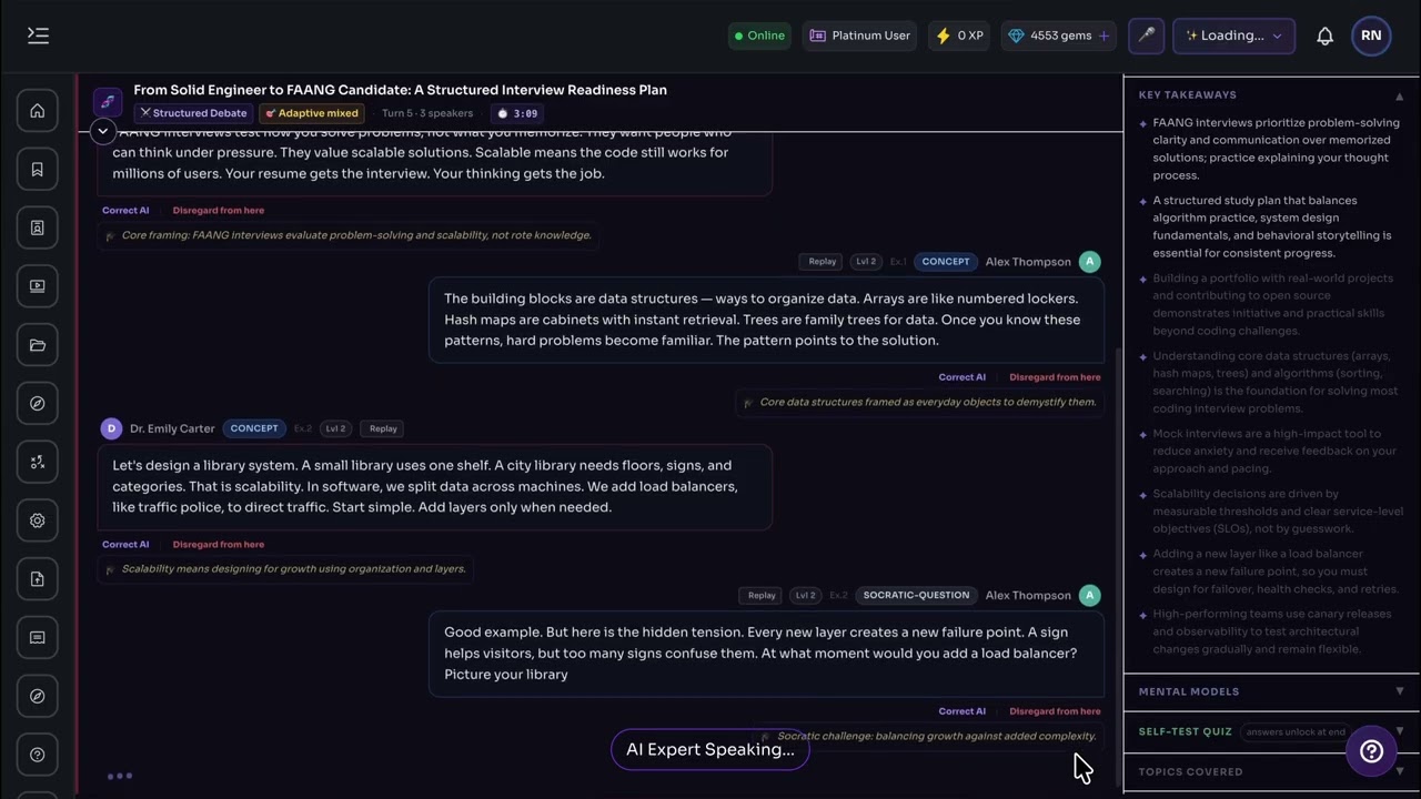 Observer Mode shows a structured AI discussion with concept explanations and takeaways